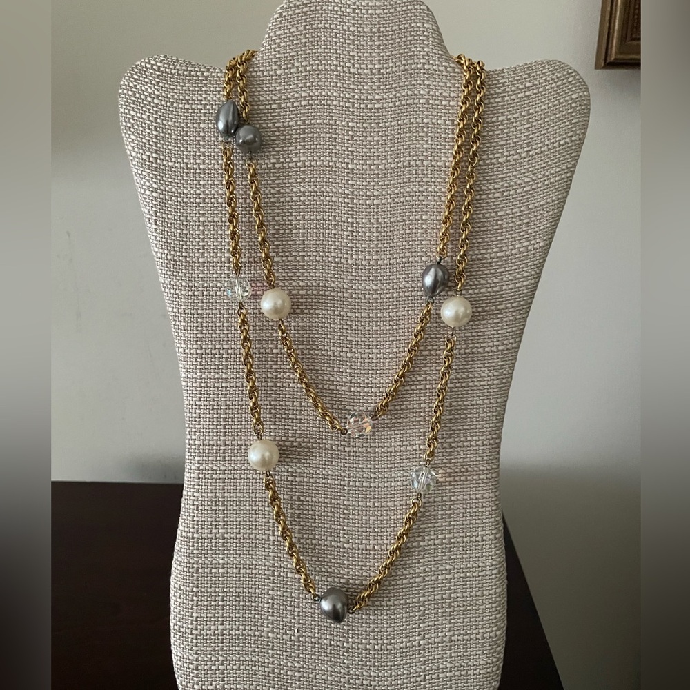 Goldtone chain with crystals and faux cream and grey pearls